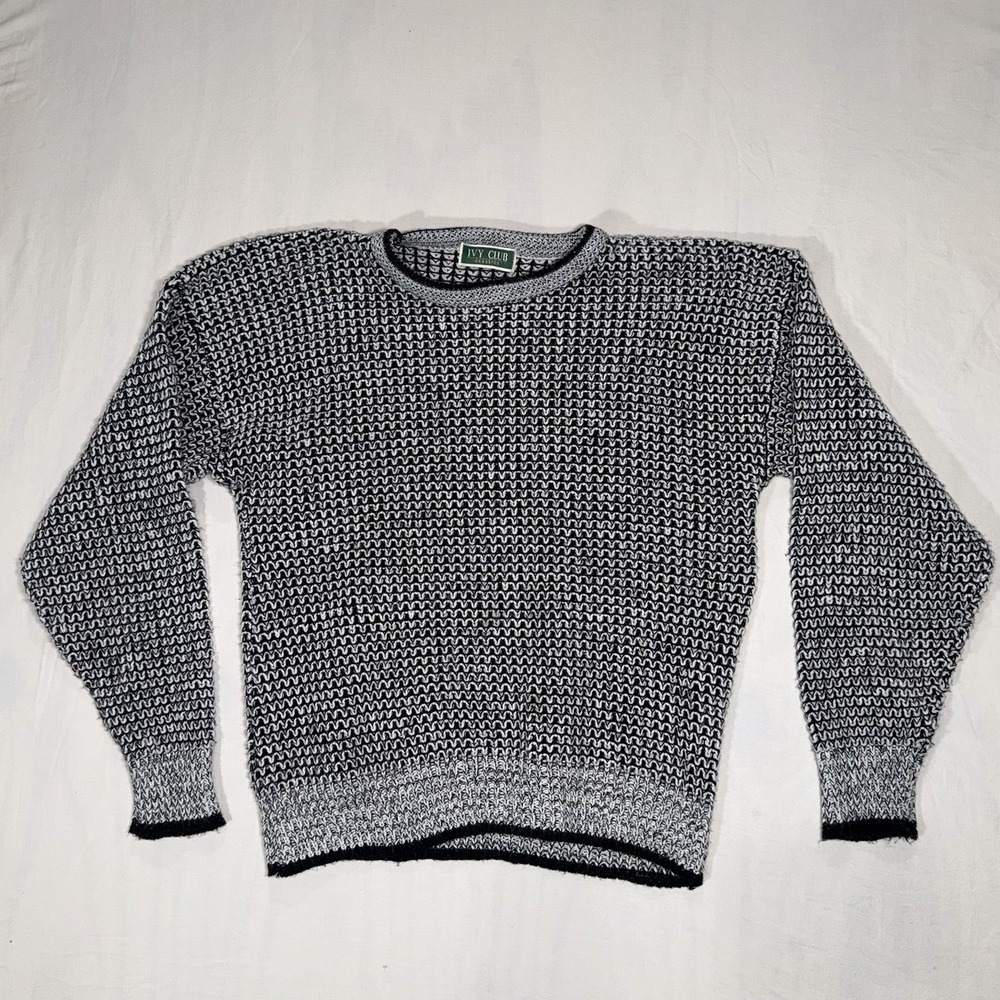 Vintage Ivy Club Classic Sweater Adult Large Black Whire Knit Crewneck 90s USA